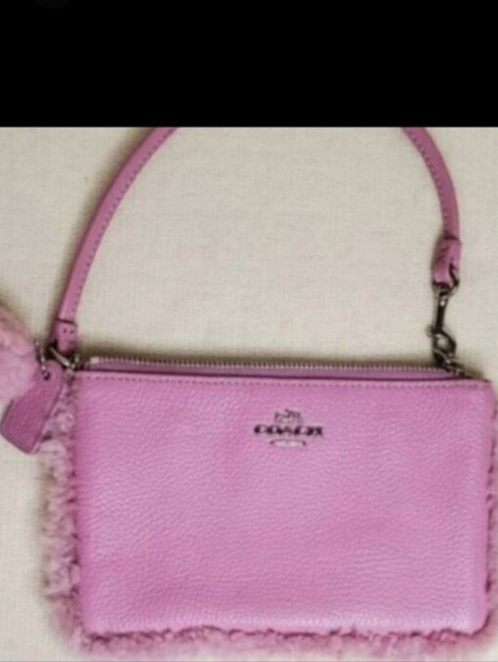 Coach Pink Fuzzy Shearling Pebbled Leather Wristlet With Pompom & Hangtag